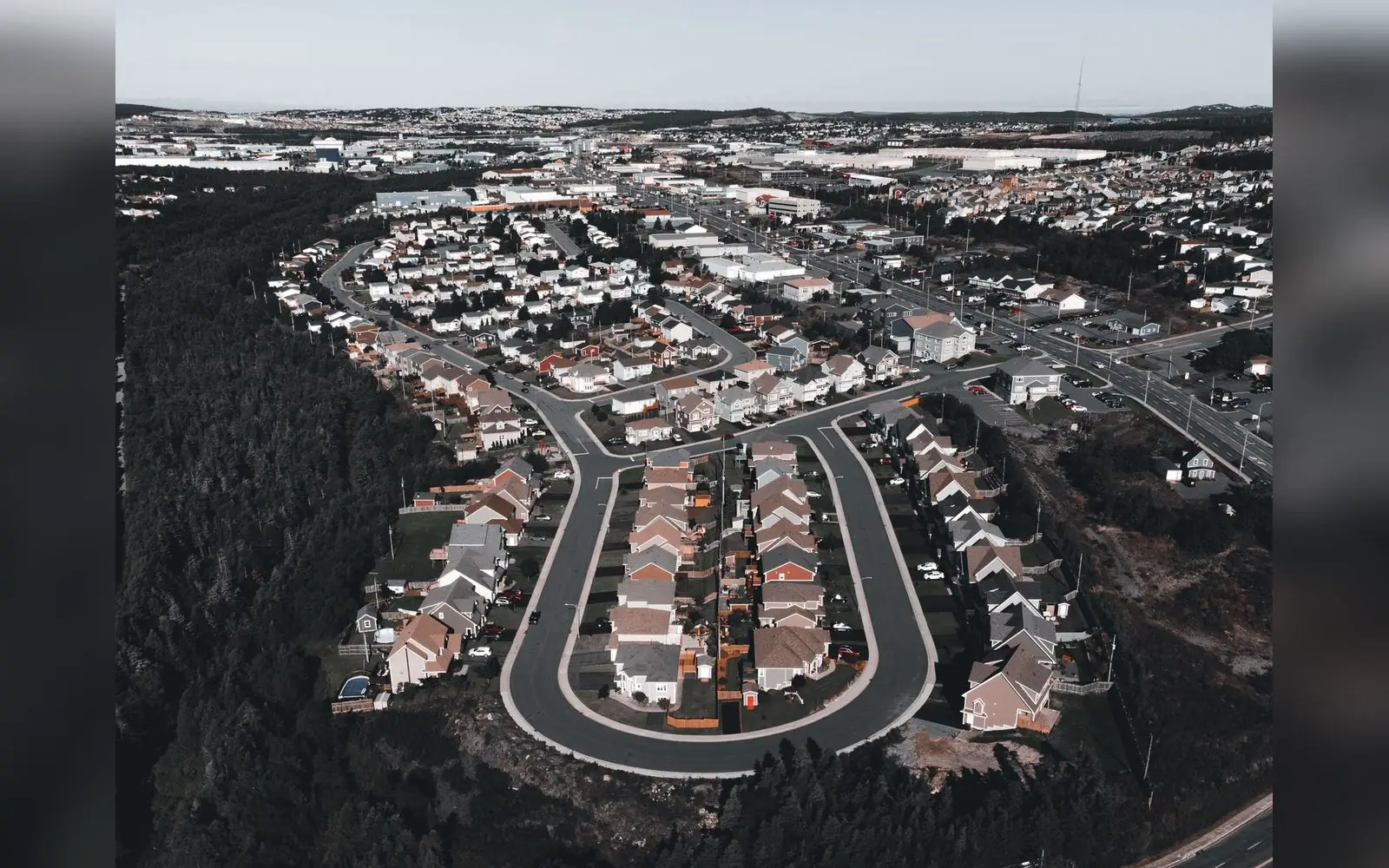 Aerial view of a subdivision estate of new homes beside bush